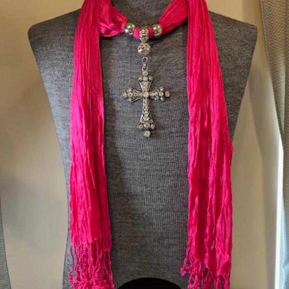 Cross Scarf Slide and Pink Scarf - Picture 1 of 4